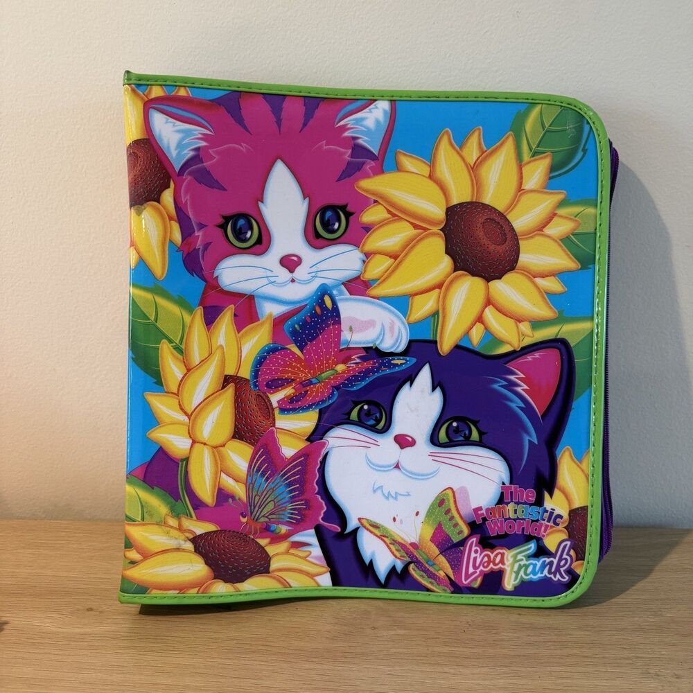 Vintage LISA FRANK 3-Ring Binder Zipper Cats Kitty Sunflower 90s Y2K Large